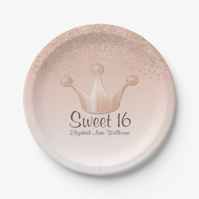 Assiettes En Carton Rose Gold Couronne Sweet 16 Plaque en papier (Devant)