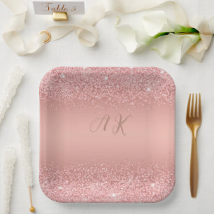 Assiettes En Carton Rose Gold Élégant Luxe Monogramme Pailleté