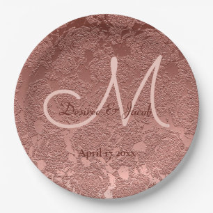 Assiettes En Carton Rose Gold Elegant Mariage Réception Monogramme