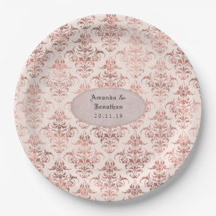 Assiettes En Carton Rose Gold et Blush Feuille de Damassé Vintage Mari