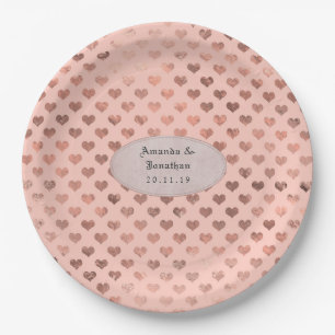 Assiettes En Carton Rose Gold et Blush Foil Cœurs Amour Mariage