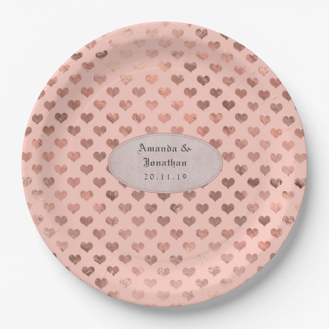 Assiettes En Carton Rose Gold et Blush Foil Love Coeurs Mariage (Devant)