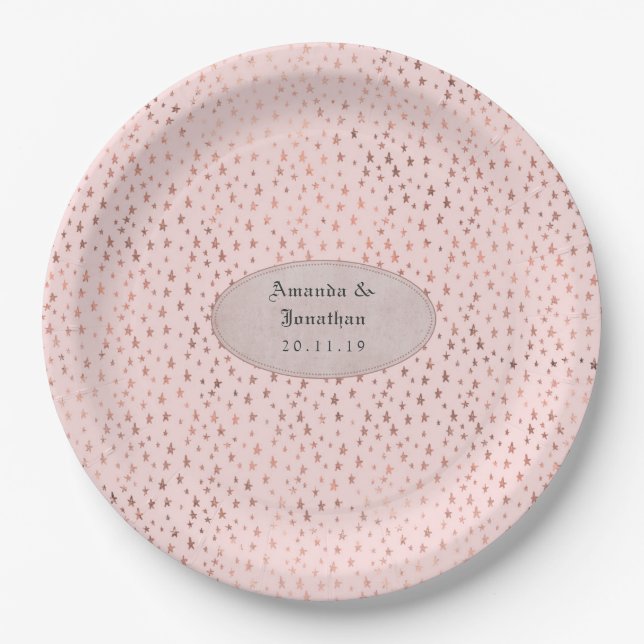 Assiettes En Carton Rose Gold et Blush Foil Stars Mariage (Devant)
