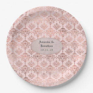 Assiettes En Carton Rose Gold et Blush Mariage en Damassé de Feuille