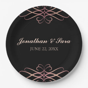 Assiettes En Carton Rose Gold et noir, Elégant Mariage personnalisé