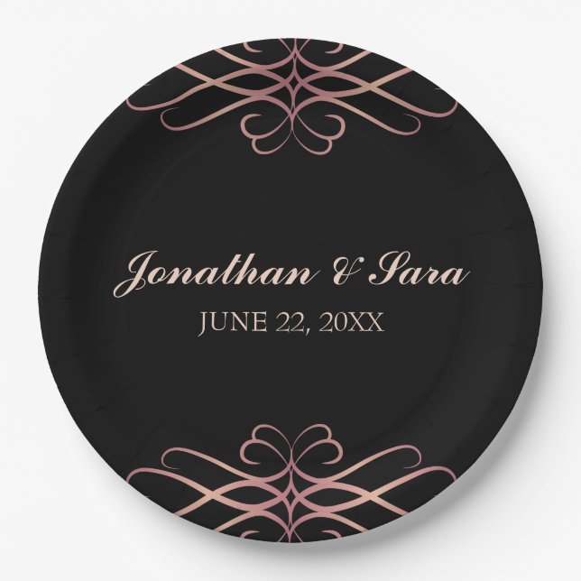 Assiettes En Carton Rose Gold et noir, Elégant Mariage personnalisé (Devant)
