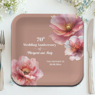 Assiettes En Carton Rose Gold Floral Élégant 70e Anniversaire de Maria