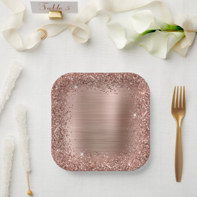 Assiettes En Carton Rose Gold Foil et Parties scintillant Girl Glam (Mariage)