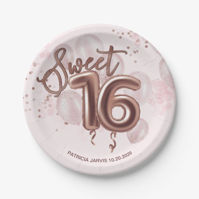 Assiettes En Carton Rose Gold Foil Sweet 16 Anniversaire Ballons Rose  (Devant)
