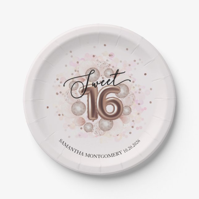 Assiettes En Carton Rose Gold Foil Sweet 16 Anniversaires Balloons Par (Devant)