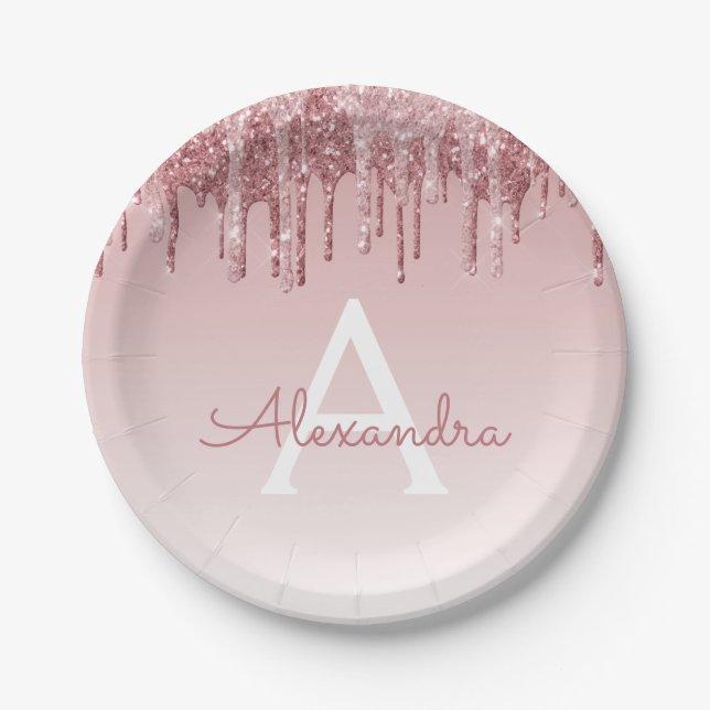 Assiettes En Carton Rose Gold Glitter & Étincelle Monogramme Anniversa (Devant)