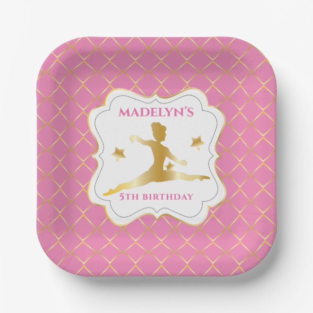 Assiettes En Carton Rose | Gold Gymnast Gymnastique Fille fête d'anniv (Recto)