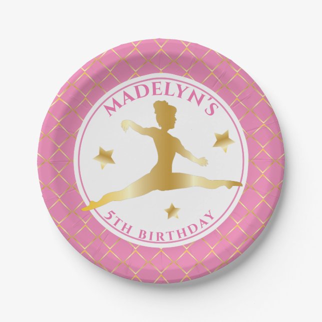 Assiettes En Carton Rose | Gold Gymnast Gymnastique Fille fête d'anniv (Devant)