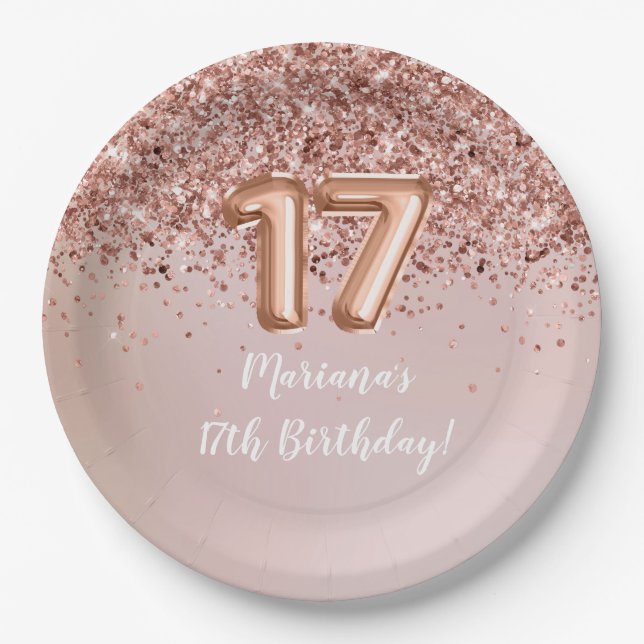 Assiettes En Carton Rose Gold Kids Girly 17e fête d'anniversaire (Devant)