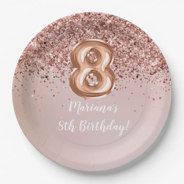 Assiettes En Carton Rose Gold Kids Girly 8e fête d'anniversaire (Devant)