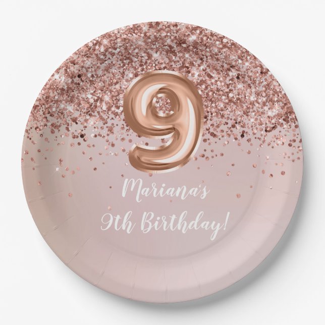 Assiettes En Carton Rose Gold Kids Girly 9e fête d'anniversaire (Devant)
