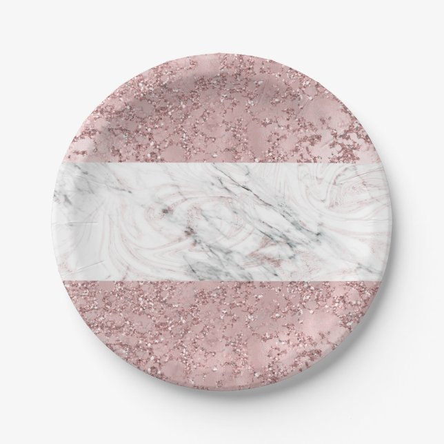 Assiettes En Carton Rose Gold Modern Glam Marbre & Parties scintillant (Devant)