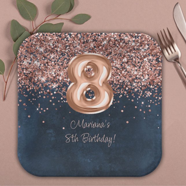 Assiettes En Carton Rose Gold Navy Blue 8e fête d'anniversaire (Créateur téléchargé)