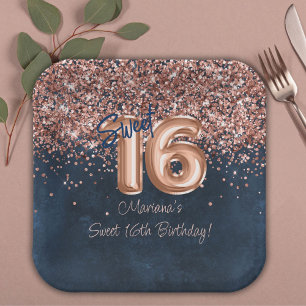 Assiettes En Carton Rose Gold Navy Blue Sweet 16e fête d'anniversaire
