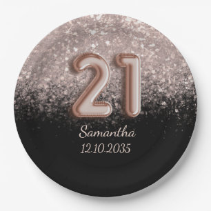 Assiettes En Carton Rose Gold Noir Moderne Pailleté 21 Anniversaire