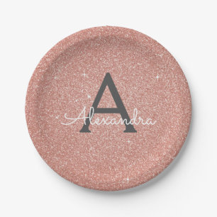 Assiettes En Carton Rose Gold Pailleté Anniversaire Monogramme Rose