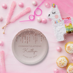 Assiettes En Carton Rose Gold Pailleté Dégoulinant Diplômé de la promo