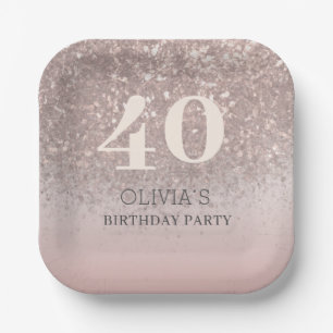 Assiettes En Carton Rose Gold Pailleté Élégant 40e Anniversaire