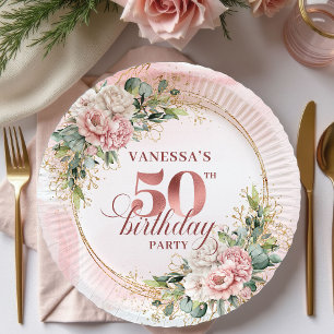 Assiettes En Carton Rose Gold Pailleté Élégant Anniversaire 50 Ans Flo