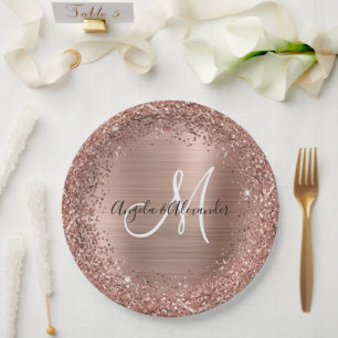 Assiettes En Carton Rose Gold Pailleté et Monogramme de Mariage en Feu