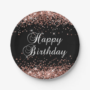 Assiettes En Carton Rose Gold Pailleté Joyeux Anniversaire Noir
