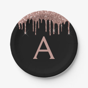 Assiettes En Carton Rose Gold Pailleté Monogramme Anniversaire Noir Ro
