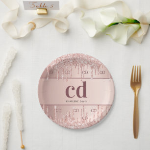 Assiettes En Carton Rose gold pailleté monogramme initiales pour la do