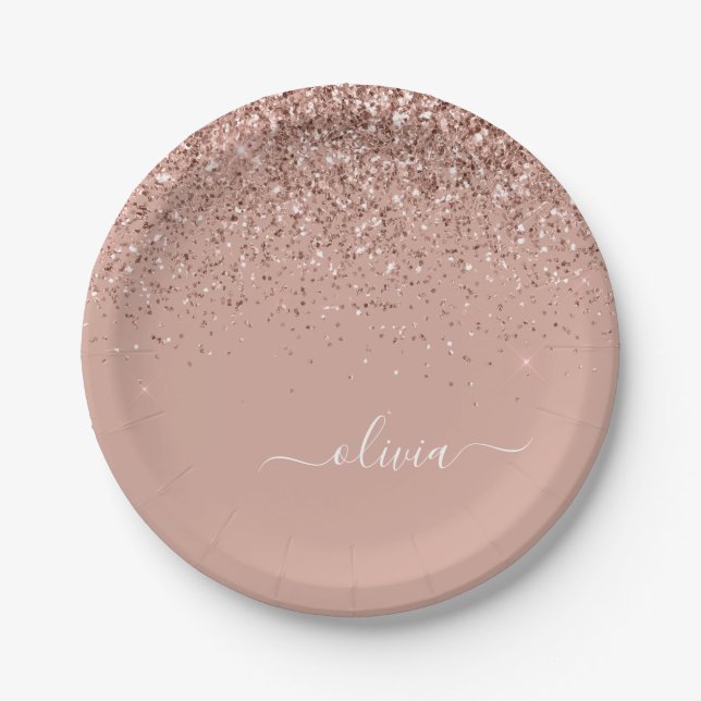 Assiettes En Carton Rose Gold - Pailleté Monogramme Rose Pâle (Devant)