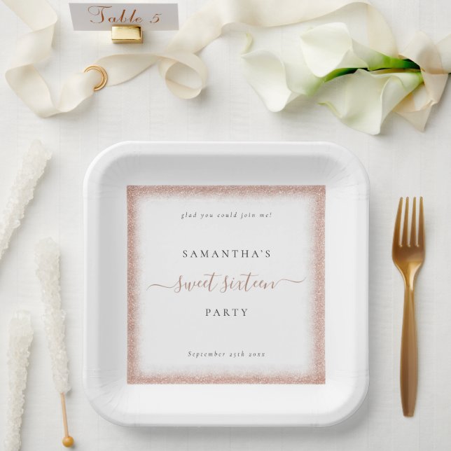 Assiettes En Carton Rose Gold Parties scintillant Nom du cadre Date Wh (Mariage)