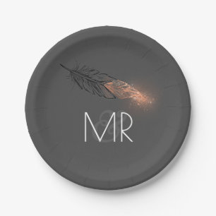 Assiettes En Carton Rose Gold Plumes trempées Élégant Mariage gris