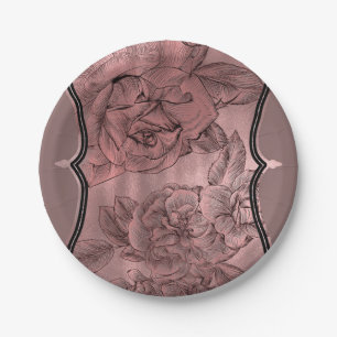 Assiettes En Carton Rose Gold Poussiéreux Élégant Glamour Floral Chic