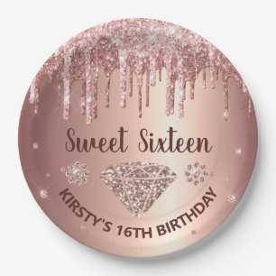 Assiettes En Carton Rose Gold qui dégouline de Glitter & Diamant Sweet