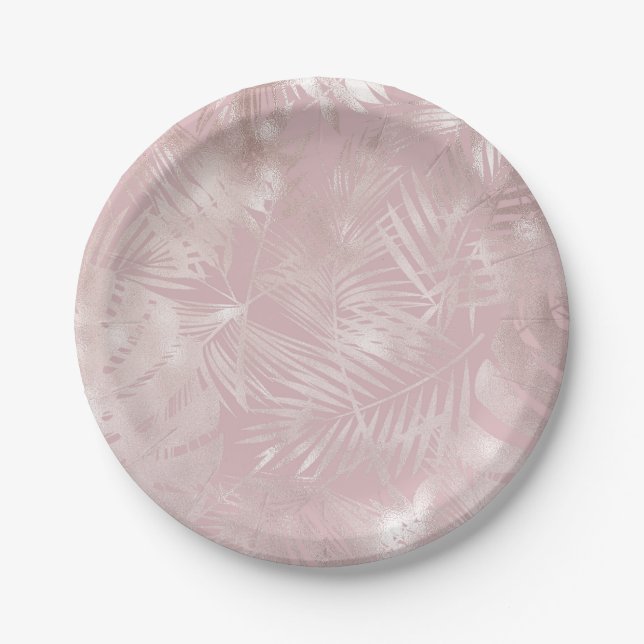 Assiettes En Carton Rose Gold rose Botanique Tropical Palm Tree Feuill (Devant)