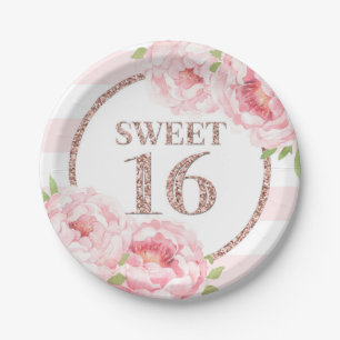 Assiettes En Carton Rose Gold Rose Floral Sweet 16 Anniversaire