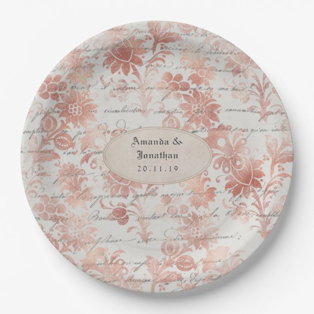 Assiettes En Carton Rose Gold Shabby-Chic Mariage (Devant)