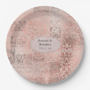Assiettes En Carton Rose Gold Shabby-Chic Mariage damassé