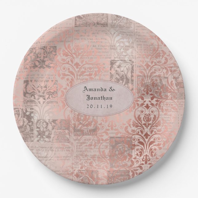 Assiettes En Carton Rose Gold Shabby-Chic Mariage damassé (Devant)