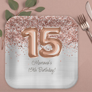 Assiettes En Carton Rose Gold Silver 15e fête d'anniversaire