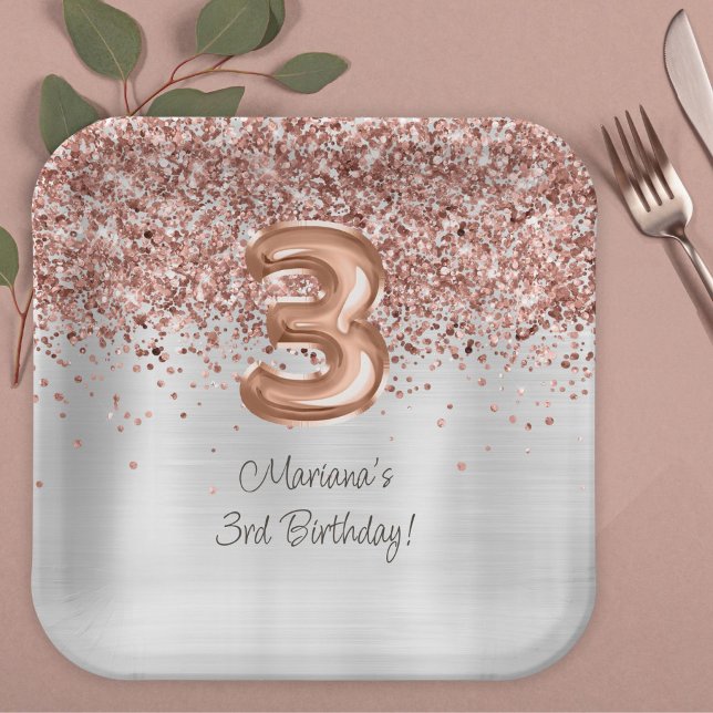 Assiettes En Carton Rose Gold Silver 3e fête d'anniversaire (Créateur téléchargé)