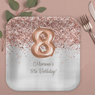 Assiettes En Carton Rose Gold Silver 8e fête d'anniversaire