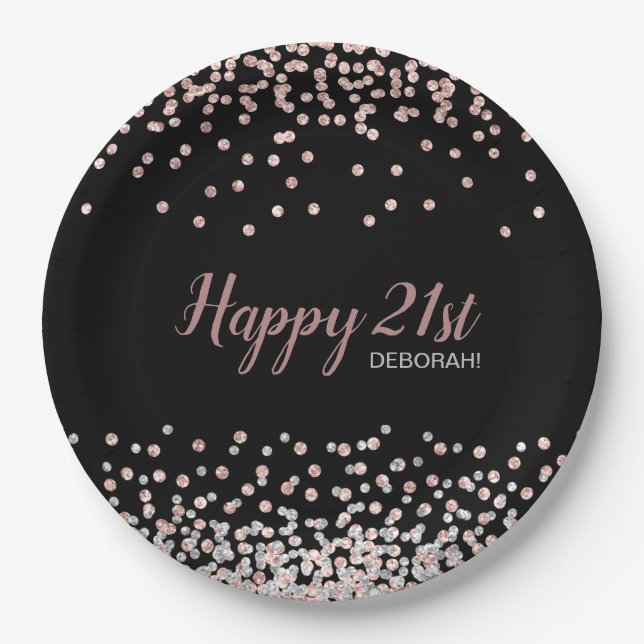 Assiettes En Carton Rose Gold Silver Confetti 21e fête d'anniversaire (Devant)
