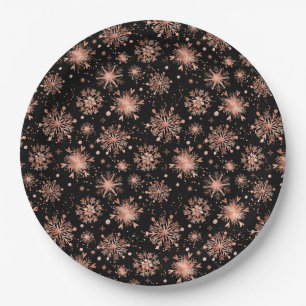 Assiettes En Carton Rose Gold Snowflakes sur Black