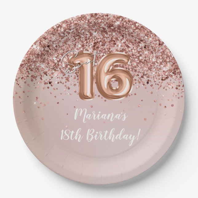 Assiettes En Carton Rose Gold Sweet 16e fête d'anniversaire (Devant)