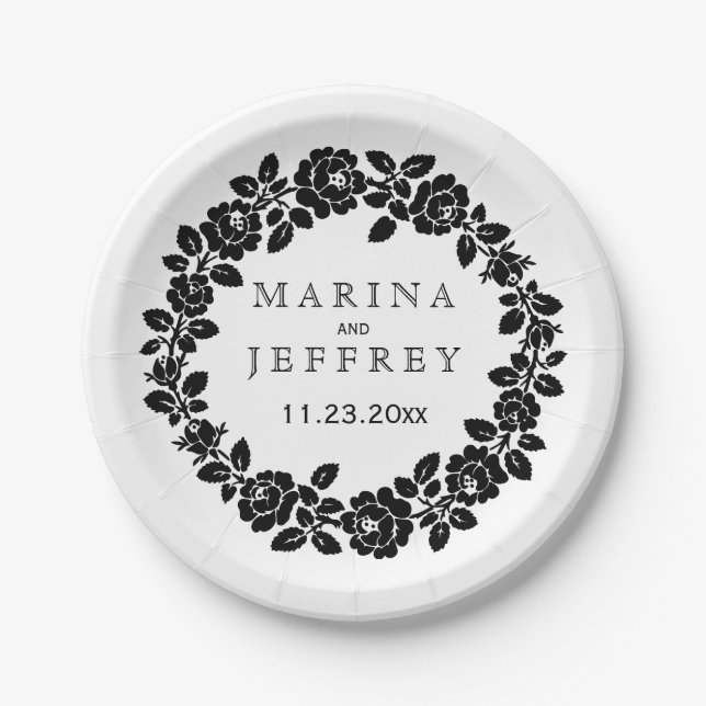 Assiettes En Carton Rose noir blanc couronnes mariage floral moderne (Devant)