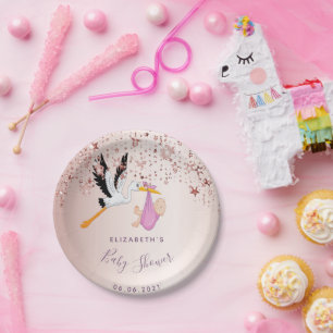 Assiettes En Carton Rose or brillant étoiles cigogne fille baby shower